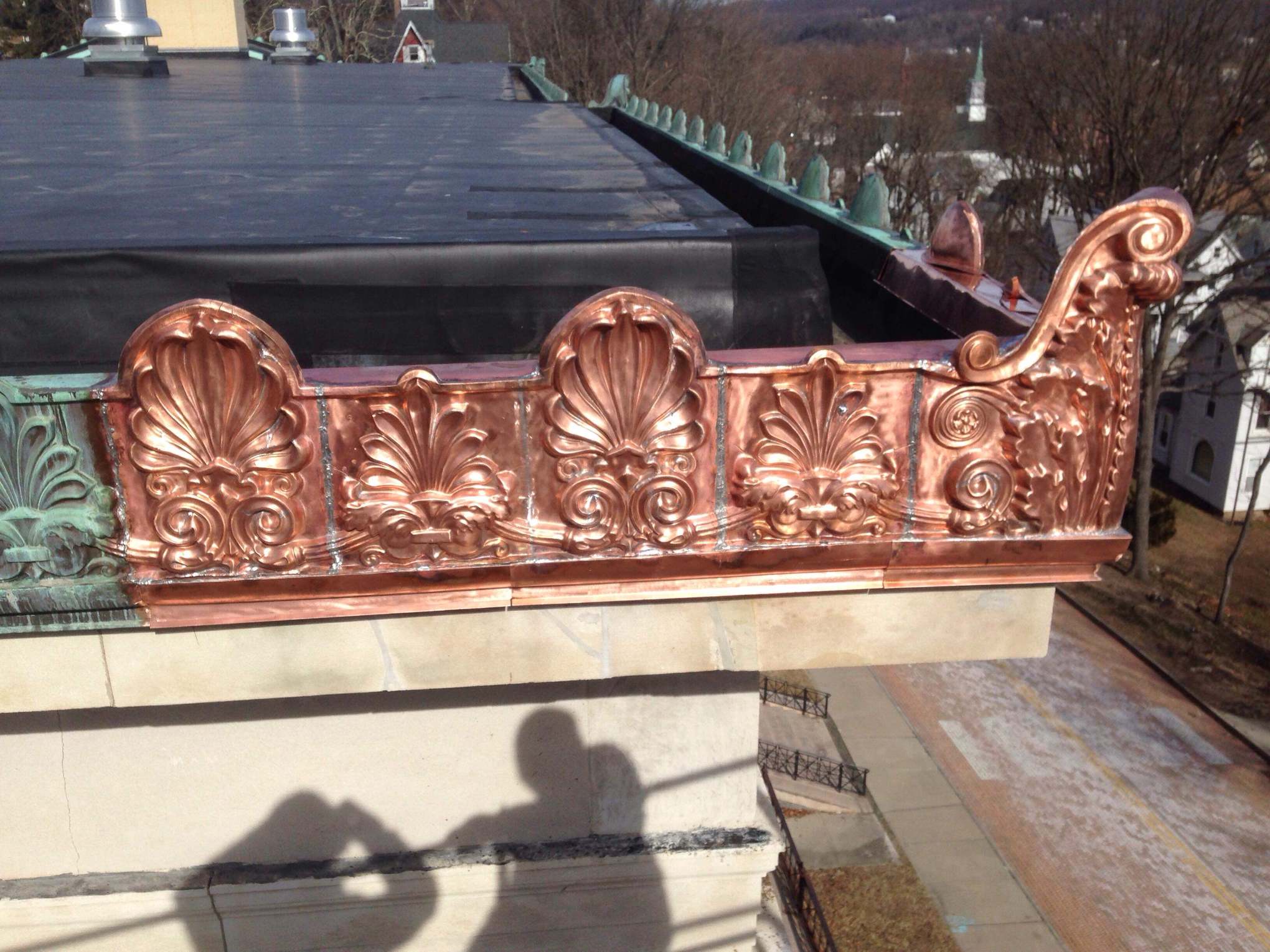 Copper cornice detail close-up