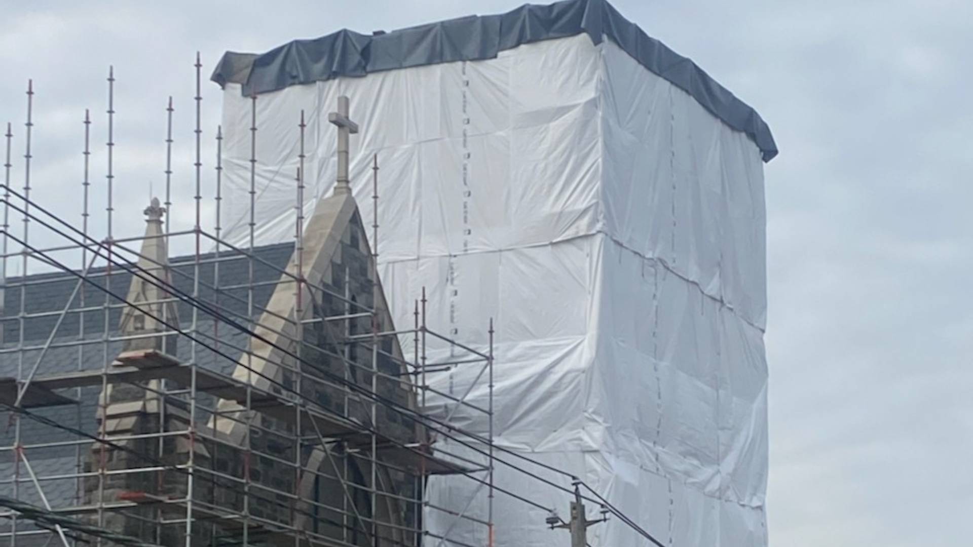 Scaffolded façade during repair work.